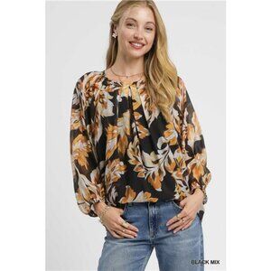 Umgee Autumn Leaf Print Balloon Sleeve Blouse